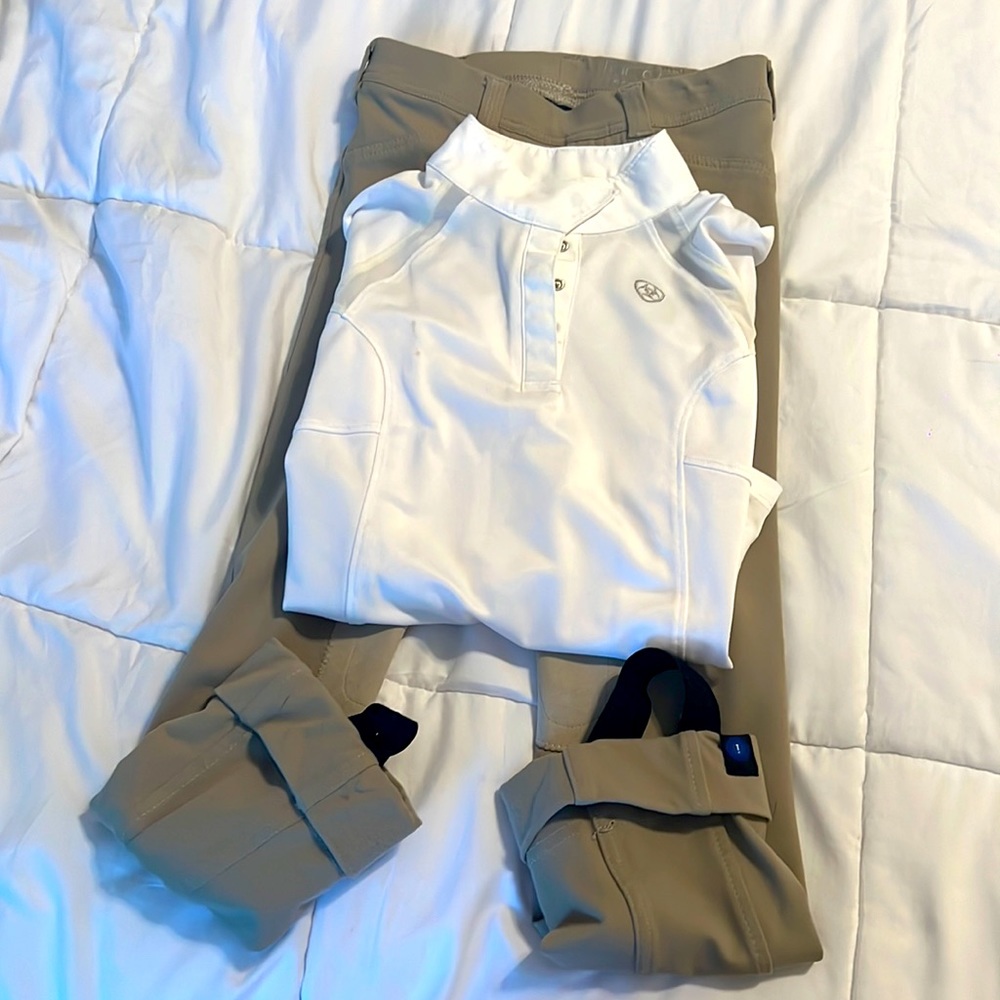 Riding combo patch Irideon breeches and Ariat pro white shirt